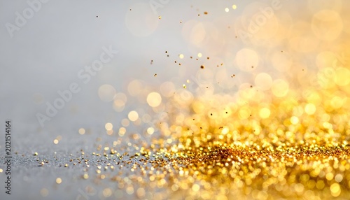 Gold glitter scattered on a grey surface, bokeh lights background