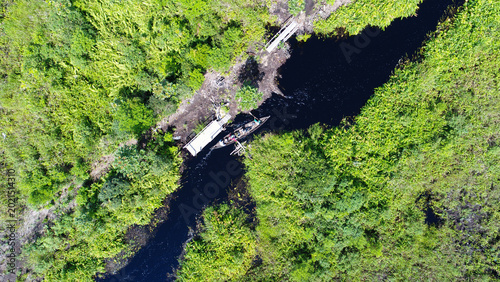 Schilderij op canvas Aerial View of Failed Wooden Canal Blocking Structure in Degraded Peatland