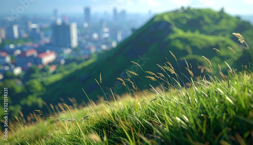 Grass foreground, out-of-focus city backdrop with green hill behind it