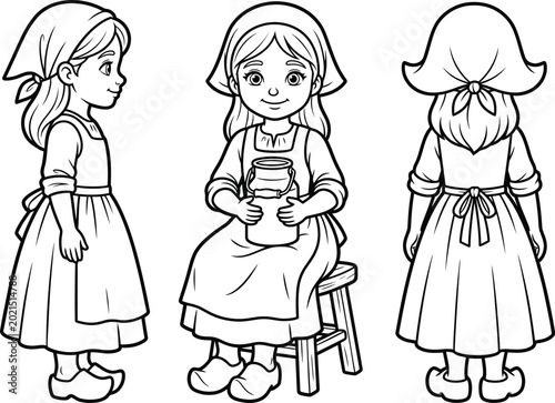 Cute Milkmaid Character Sheet: Coloring Page for Kids with Front Side and Back View of Dutch Farm Girl