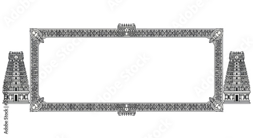Ornate Temple Frame with Gopuram Towers, Indian Architecture, Decorative Border