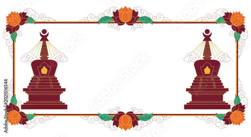 Tibetan Stupa Frame with Lotus Flowers and Ornate Border