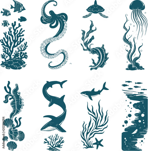 Photography Set of isolated underwater creatures and marine elements featuring deep blue silhouettes of aquatic animals plants and coral