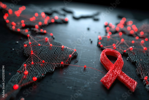 Red awareness ribbon placed on a digital world map with glowing connections representing global health initiatives and support for HIV/AIDS awareness and prevention efforts