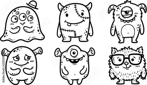 Foto Vector Set of Cute Monsters Featuring Cartoon Creatures with One Eye, Glasses, H