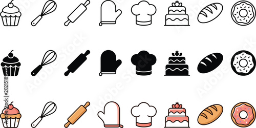 Schilderij op canvas Baking and pastry icons collection with rolling pin oven mitt chef hat baked goo