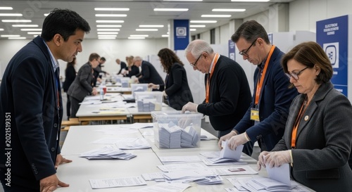 Election day: Capturing the meticulous process of election officials at work, as they carefully tabulate ballots within a polling station, ensuring the integrity of the democratic process. 