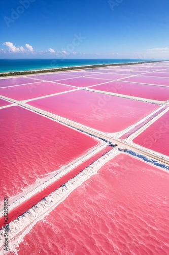 Stunning aerial view of vibrant pink salt lakes beside the turquoise ocean, creating a surreal landscape filled with vivid colors, natural beauty and breathtaking symmetry.