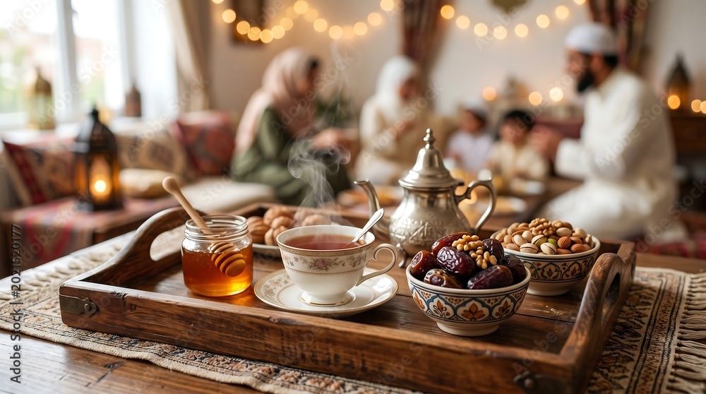 Fototapeta premium Traditional Middle Eastern tea, dates, and pastries on wooden tray, Ramadan iftar meal setup