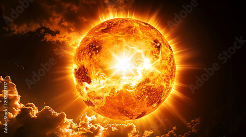 Bright sun with radiant beams shining through clouds against a dark sky, showcasing a vibrant celestial scene with glowing orange and yellow hues