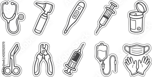 Tableau sur toile Medical equipment icons for healthcare and treatment, set of outline stickers