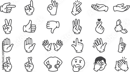 Foto Human hand gesture icons, set of line art for communication and emotion