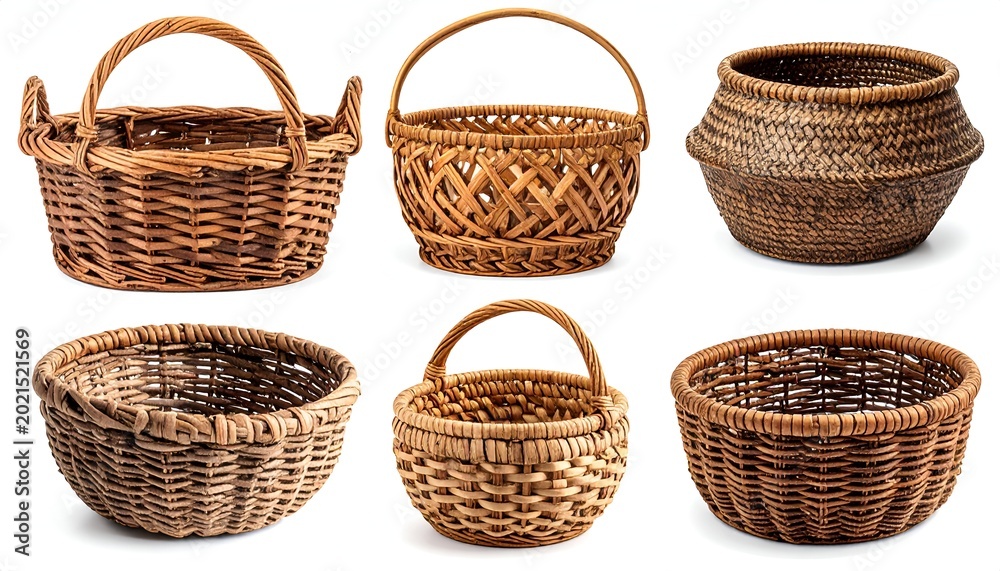 Obraz premium Collection of six handcrafted, woven baskets of varying shapes and sizes