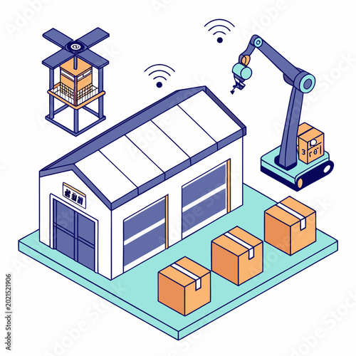 Bild auf Leinwand Robotic arm loading boxes in a warehouse with wind turbine