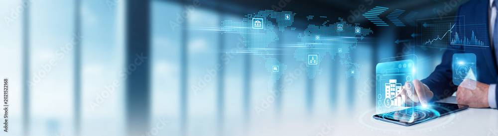 Φωτογραφία Businessman using digital tablet to monitor Corporate Finance and global investment capital data asset valuation, funding strategies, shareholder equity, and financial performance
