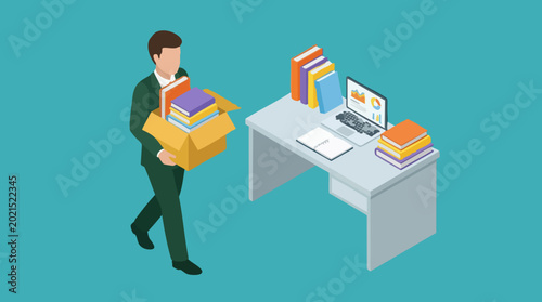 Isometric Illustration of Businessman Moving Office with Box of Books