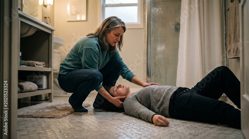 Compassionate hands cradle a fallen loved one's head on the cool bathroom tiles, offering solace during a vulnerable indoor moment