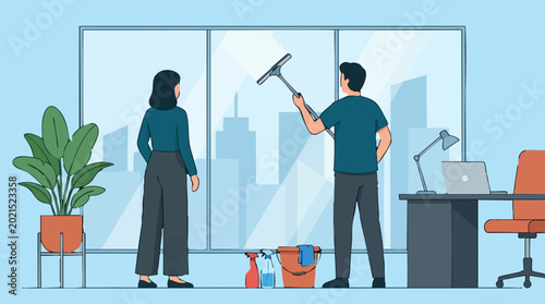 Professional workers cleaning large office windows with a squeegee