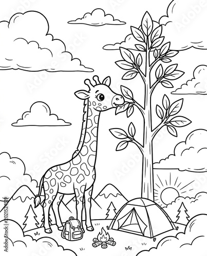 Adorable giraffe eating leaves from a tall tree in a safari setting, simple black and white coloring page with bold outlines for children