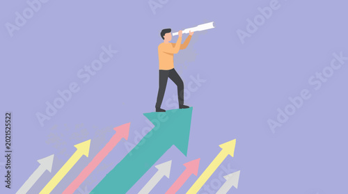 Принти на полотні Businessman on rising arrow looking through telescope, symbolizing future vision