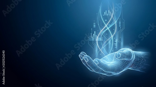 Futuristic glowing digital hand holding abstract DNA strand with data visualization elements