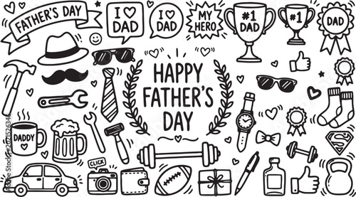 Happy father's day doodle collection of gifts and symbols with number one dad my hero hand drawn