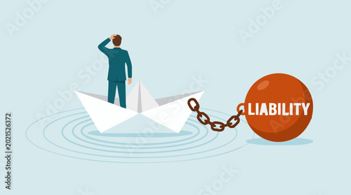 Tableau sur toile Businessman in paper boat chained to liability ball, financial burden