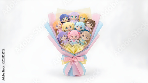 A charming bouquet of small, colorful anime-style plush dolls wrapped in pastel paper and tied with a ribbon, presented against a clean white background.