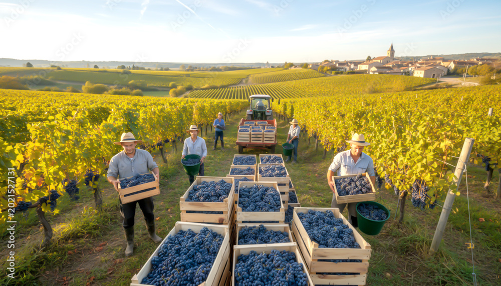 Obraz premium Winzer mit frisch geernteten Trauben im sonnigen Weinberg