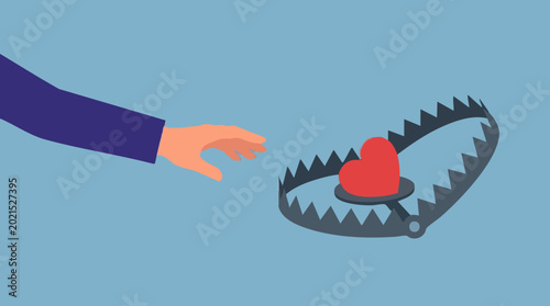 Valokuva Hand reaching for a heart in a bear trap, symbolizing dangerous love or risk