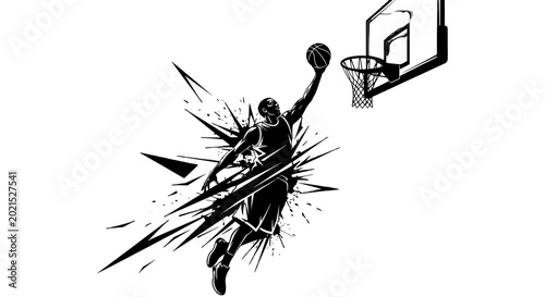 Photos Dynamic Basketball Dunk: A silhouette of a basketball player executing a powerful dunk, poised in mid-air, ball in hand, soaring towards the hoop, conveying athleticism and competitive spirit