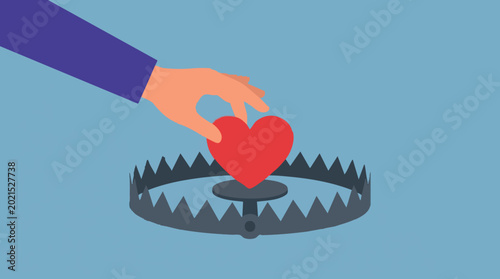 Foto Hand reaching for heart in a trap, symbolic of love, risk, and danger
