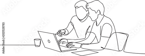 Continuous line drawing, business people working on laptop, teamwork and collaboration, modern office scene