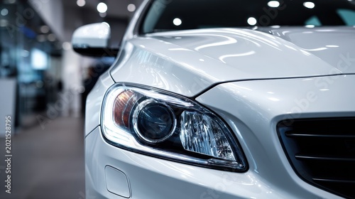 Macro view of the white car front end focusing on the illuminated headlamp