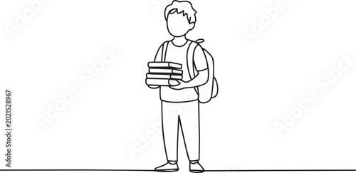 Student, young adult, carrying books, backpack, simple line drawing, minimalist style