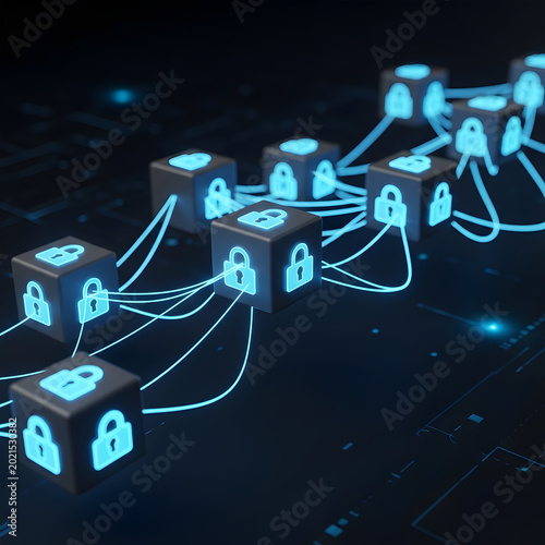 Connected secure blockchain blocks with glowing lock icons in digital network