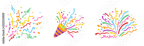 Vibrant confetti and festive party popper, colorful streamers bursting with joy. Cheerful and celebration decorative elements. Vector illustration.