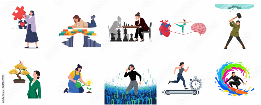 Fototapeta premium Conceptual illustration set of women in various professional and life metaphors including empowerment, strategy, balance, and growth.