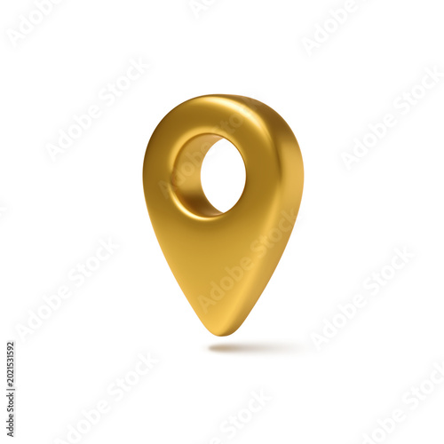 A gold matte 3D location pin in perspective. This minimalist 3D render with a soft shadow is perfect for premium web design.