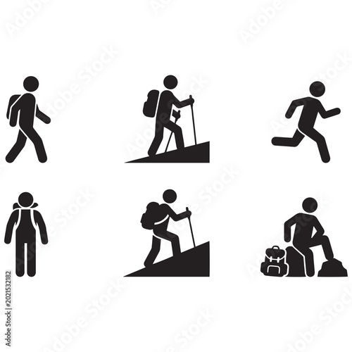 Hiking and Walking Stick Figure Icons Set Vector Silhouette Collection