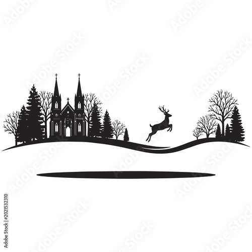 Winter Church Landscape with Deer Silhouette Vector Illustration