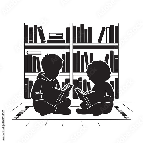 Children Reading Books in Library Silhouette Vector Illustration
