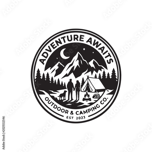 Adventure Awaits Camping Badge Vector Illustration