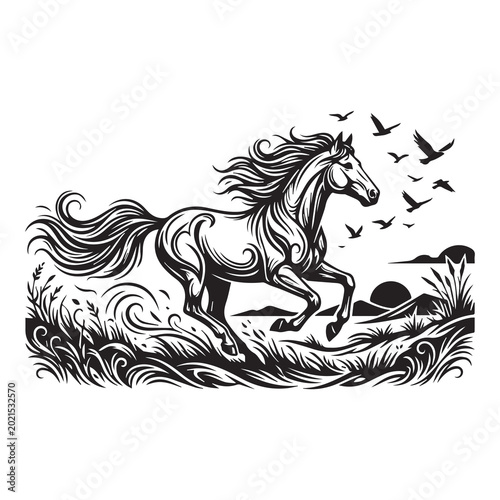 Running Horse Nature Landscape Vector Illustration Design
