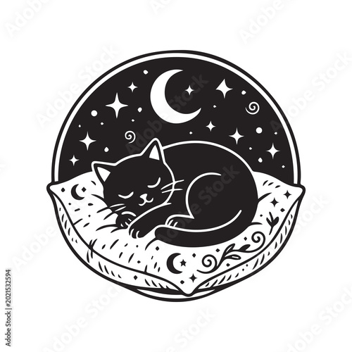 Sleeping Cat Moon Night Vector Illustration Design