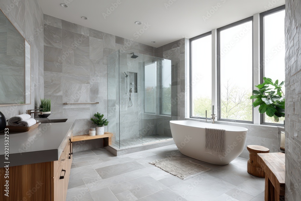 Fototapeta premium Luxurious gray-toned bathroom with frameless shower and freestanding tub