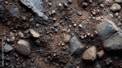 Top down view of natural soil texture with dark rocks and pebbles