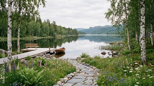 “Create a modern Nordic outdoor environment with birch trees, wildflowers, natural stone, and a calm lake. Include subtle wooden elements, soft diffused light, and a clean, elegant composition that fe