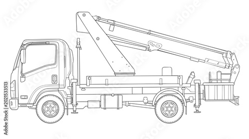 Utility Boom Truck and Cherry Picker Technical Line Drawing, Side View Vector Outline of Aerial Work Platform Vehicle with Hydraulic Crane for Construction and Maintenance