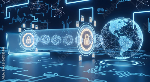 Digital globe and glowing password input with security locks in futuristic network background